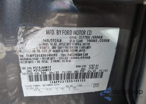 2005 Ford Five Hundred Se z USA, uszkodzony, nr VIN 1FAFP231X5G145153